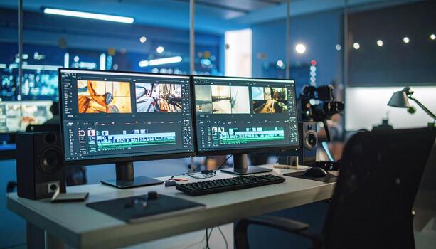 modern-editing-workspace-featuring-two-large-monitors-displaying-vibrant-multimedia-content-setup-includes-speakers-keyboard-and-camera-creating-inspiring-environment-for-creativity-free-photo
